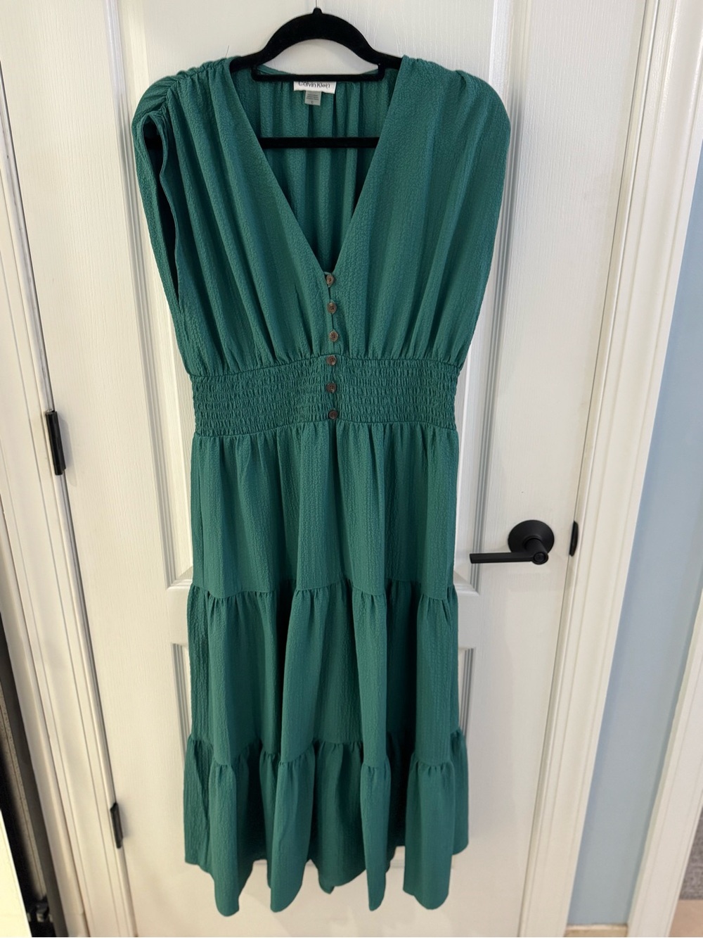 Calvin Klein Green Tiered V-Neck Smocked Waist Midi Dress